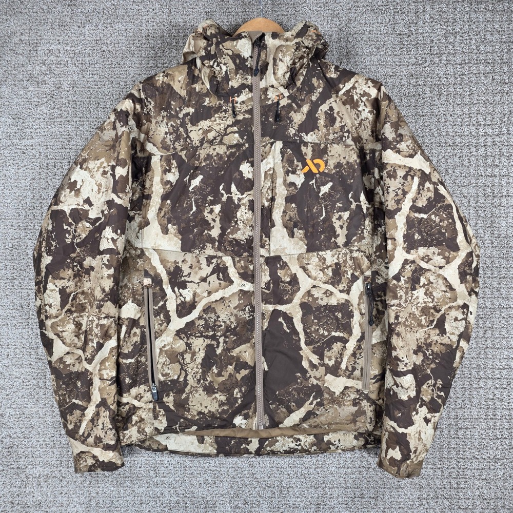 First Lite Uncompahgre Camo Puffer Hooded Jacket Mens Medium Camo *FLAWED READ*